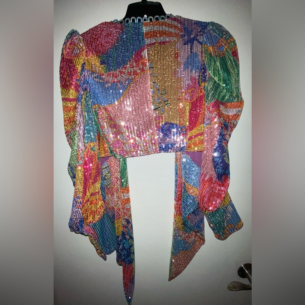 Celia B CeliaB Fuji Sequin Rainbow Top Wrap Blouse shirt XS Disco Party Dopamine - Picture 12 of 15